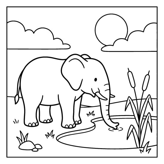 Elephant dipping its trunk into a calm watering hole to drink, coloring sheet