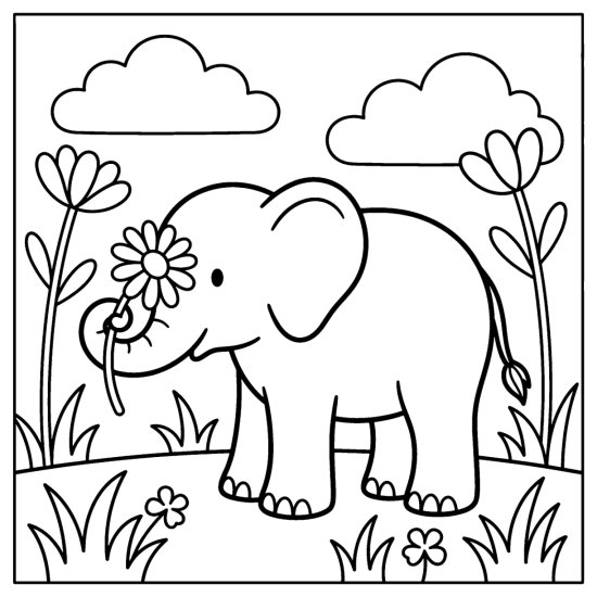 Elephant lifting a single daisy in the tip of its trunk among tall flowers, coloring page