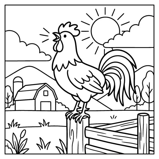 A rooster crows atop a fence post with a barn and rising sun behind, coloring page