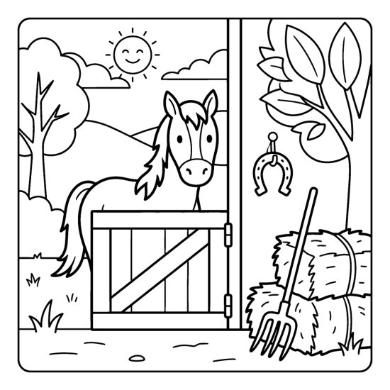 A horse peeks over a stable door near a hanging horseshoe and hay, bold and easy