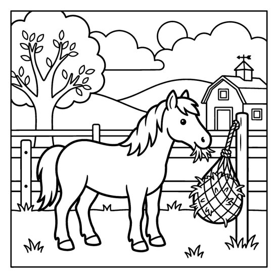 A pony eats from a hanging hay net in a fenced paddock, coloring page