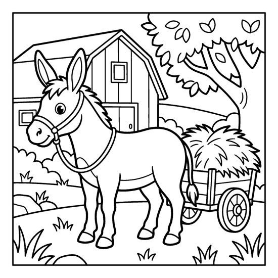 A donkey stands beside a wooden cart heaped with hay, coloring sheet