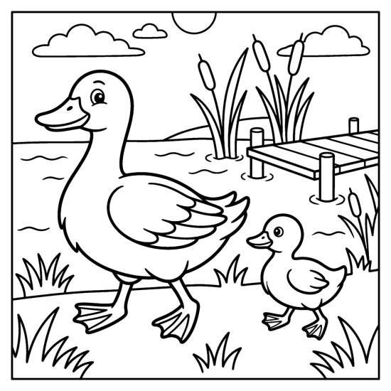 A duck and duckling waddle along a pond bank past tall reeds, bold and easy