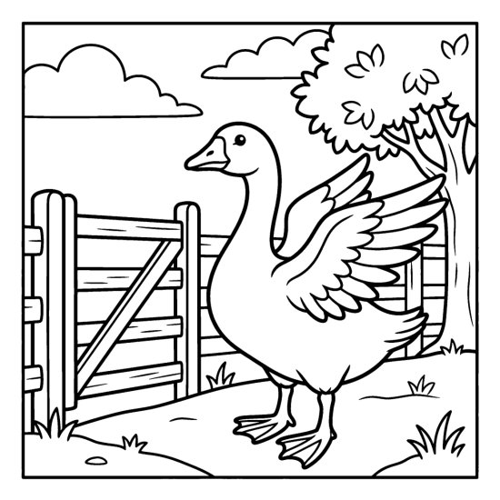 A goose lifts its wings beside a wooden farm gate and tree, coloring page