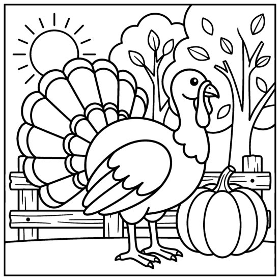 A turkey fans its tail feathers near a pumpkin and fence, coloring sheet