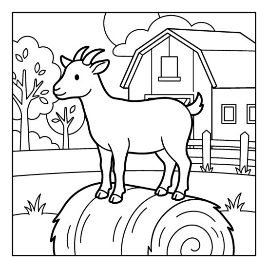A goat with small horns stands on a round hay bale, bold and easy