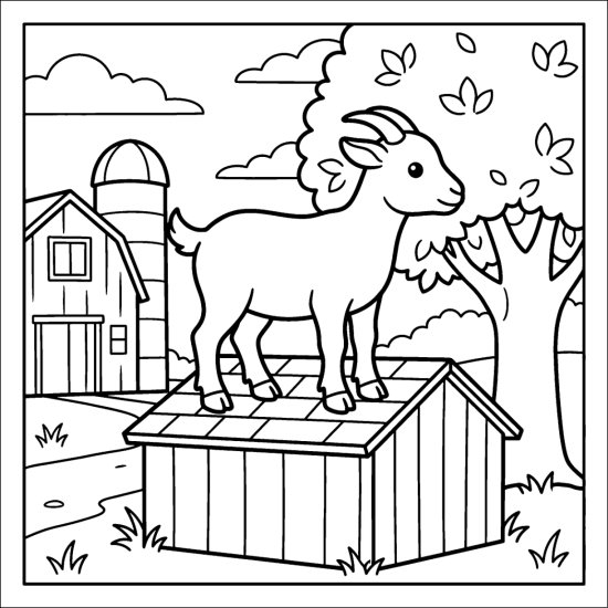 A baby goat balances on a low shed roof near a barn, coloring page