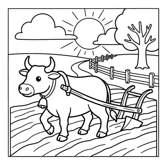 An ox pulls a wooden plough across a furrowed field, coloring sheet