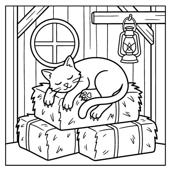 A barn cat sleeps curled on stacked hay bales below a window, bold and easy