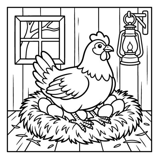 A hen sits on a nest of eggs in a wooden henhouse, coloring sheet