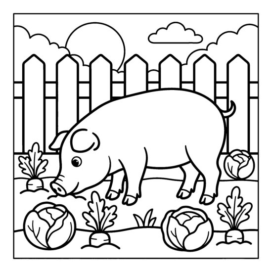 A pig roots among cabbages and carrots in a fenced patch, coloring page