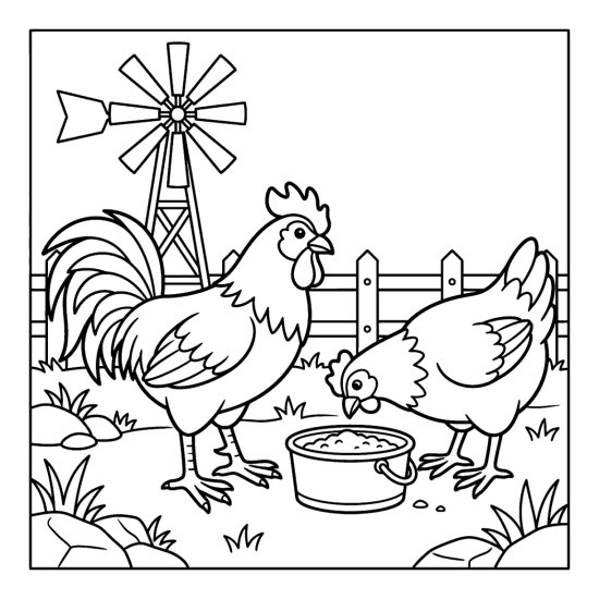 A rooster and hen peck at a feed bucket below a windmill, coloring sheet