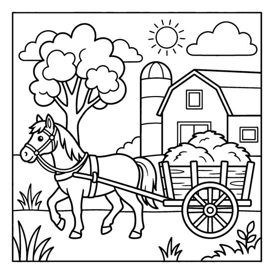A horse pulls a hay wagon through the farmyard past a barn, bold and easy
