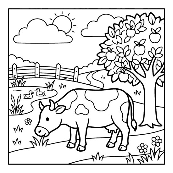 A cow grazes under a leafy apple tree beside a small pond, coloring page