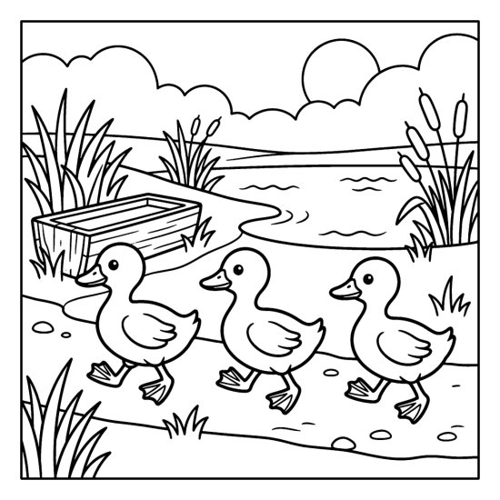 Three ducklings waddle toward a pond past a wooden water trough, coloring sheet