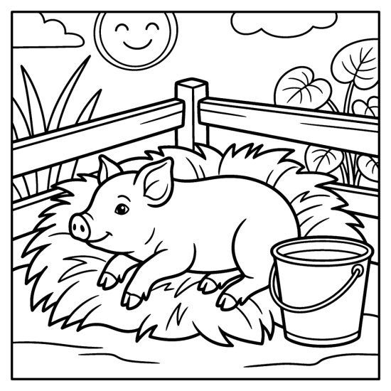 A piglet rests in a pile of straw inside a wooden pen, bold and easy