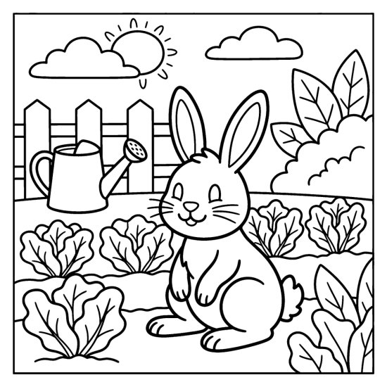 A rabbit sits among rows of lettuce near a watering can, coloring page