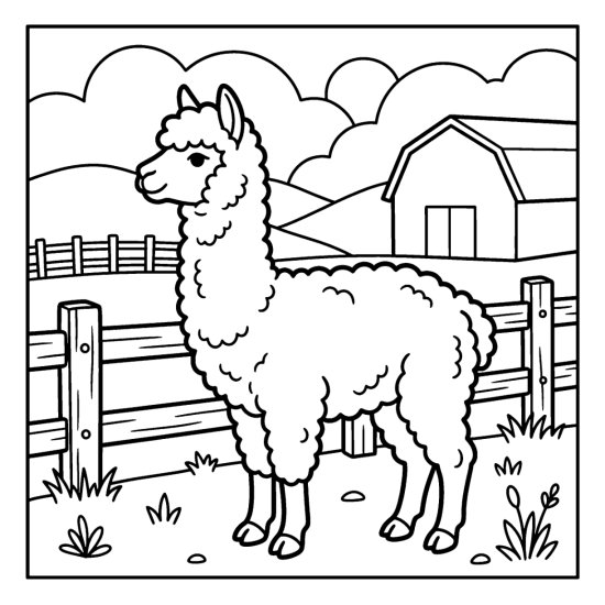 A fluffy alpaca stands in a paddock beside a fence and barn, coloring sheet