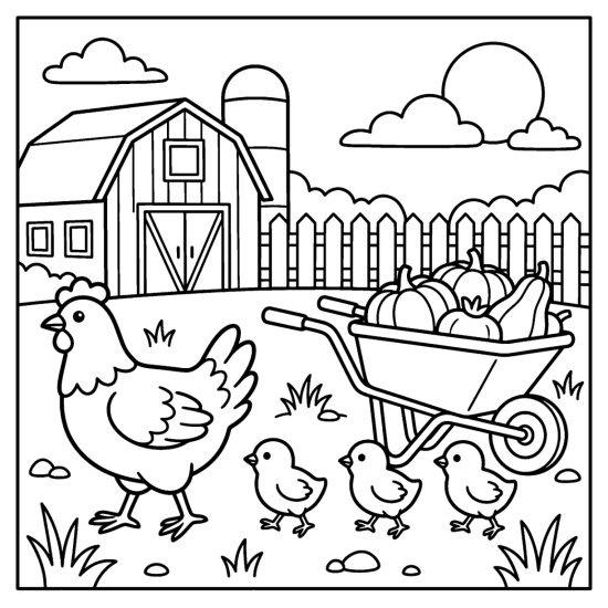 A hen leads three chicks past a wheelbarrow full of vegetables, bold and easy
