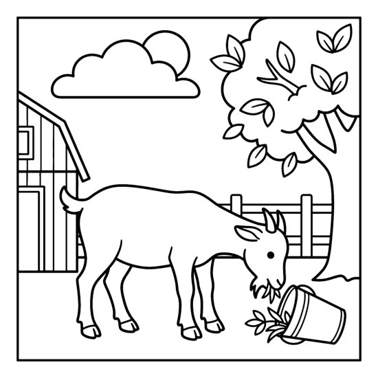 A goat nibbles from a tipped tin pail beside the barn, coloring page