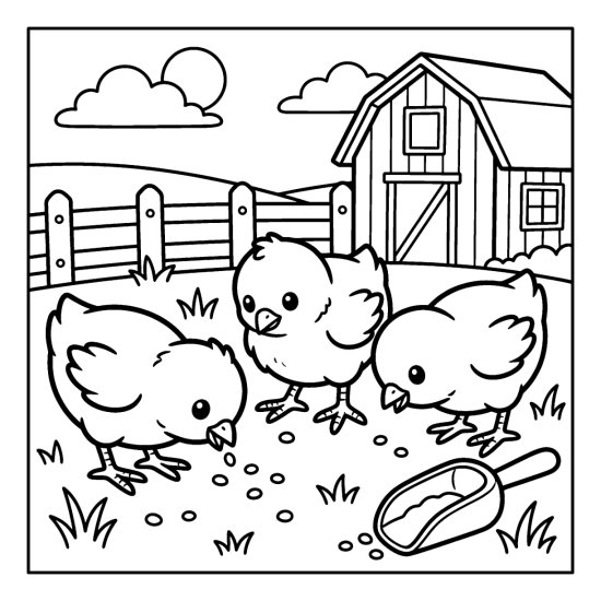 Three fluffy chicks peck scattered seed near a feed scoop and fence, bold and easy
