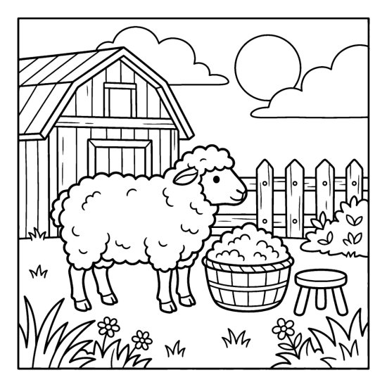 A fluffy sheep stands beside a basket piled with wool, coloring sheet