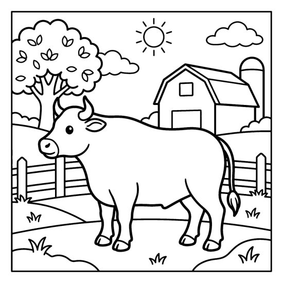 A bull with small horns stands in a fenced pasture by a barn, bold and easy