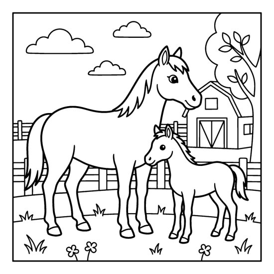 A foal stands close to its mother horse in a grassy field, coloring page