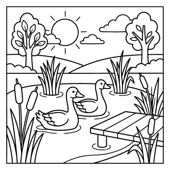 A pair of geese swim on a pond among reeds and cattails, coloring sheet
