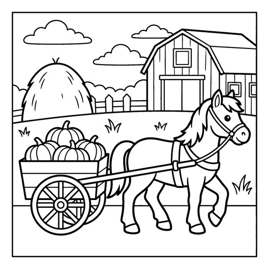 A pony pulls a cart of pumpkins through the farmyard, bold and easy