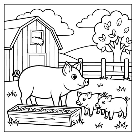 A mother pig and two piglets stand at a wooden feeding trough, coloring page