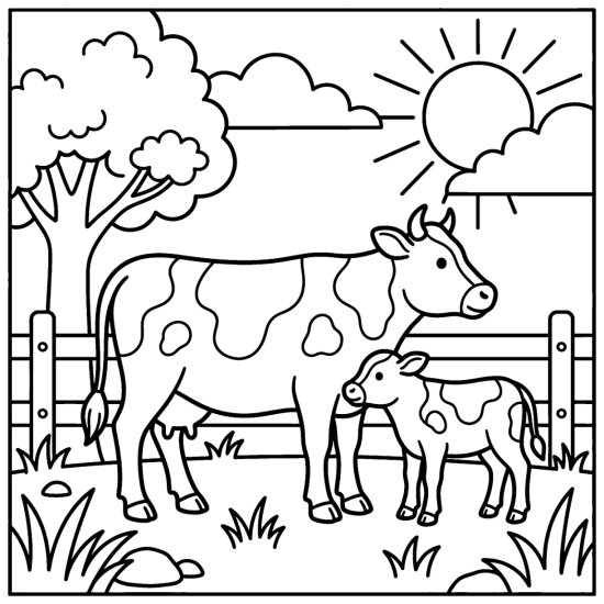 A calf stands beside its mother cow in a fenced pasture, coloring sheet