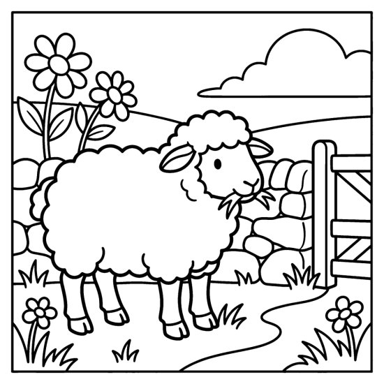 A fluffy sheep grazes beside a low stone wall and garden gate, bold and easy