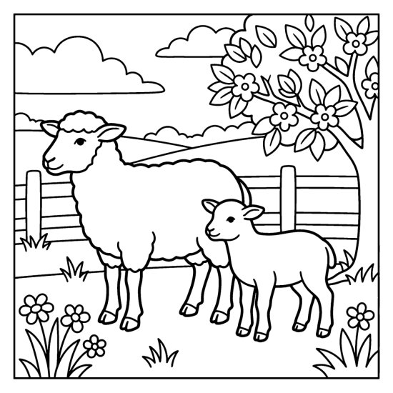 A lamb stands beside its mother ewe in a spring meadow, coloring page