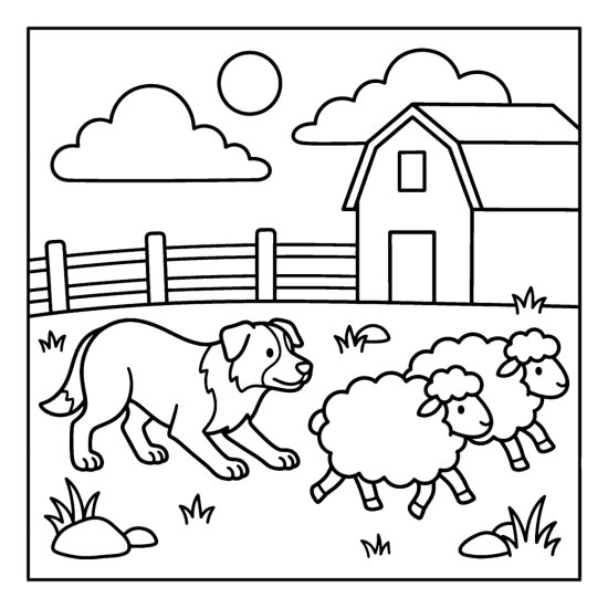 A sheepdog crouches low to herd two sheep across a pasture, coloring sheet