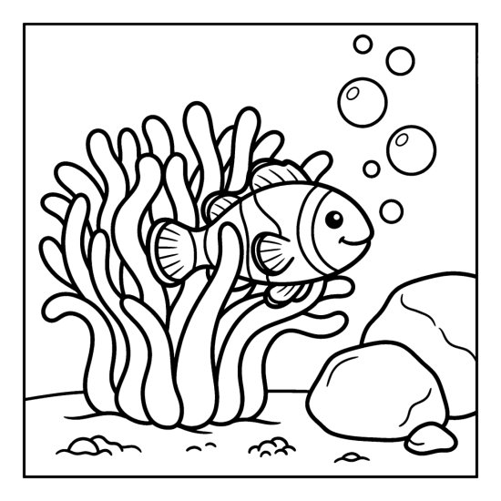 A clownfish peeks from a swaying sea anemone with rocks and bubbles, coloring page