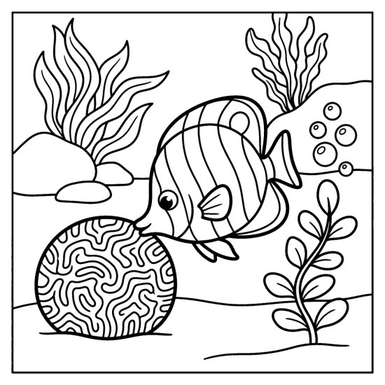A striped butterflyfish noses at a round brain coral, bold and easy