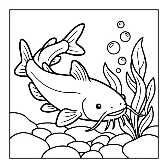 A whiskered catfish rests near the bottom among water plants, coloring page
