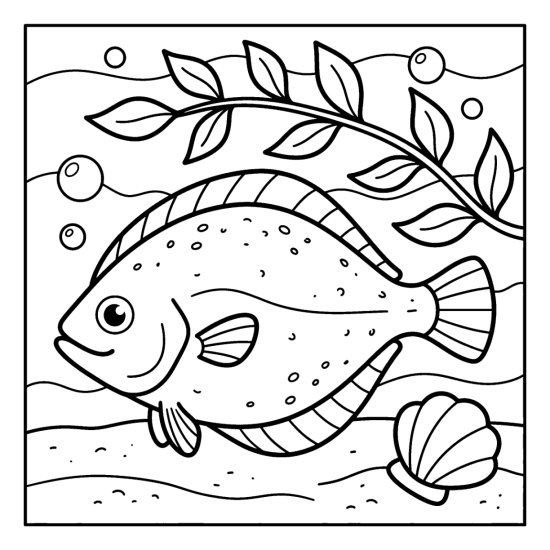 A flat flounder rests on the sandy seabed beside a shell, coloring sheet
