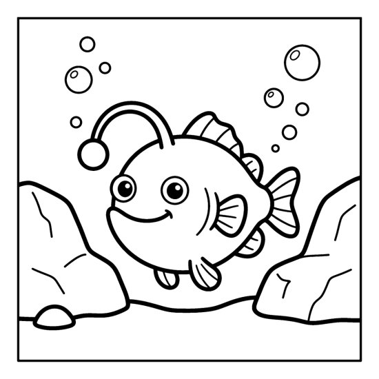 A deep sea anglerfish with a round lure floats between two rocks, bold and easy