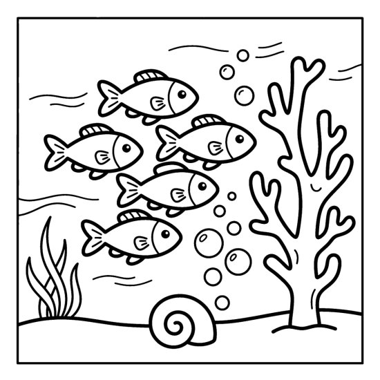 A school of small fish swims together past a tall coral, coloring page