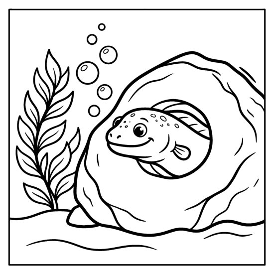 A friendly eel peeks out of a round hole in a big rock, coloring sheet