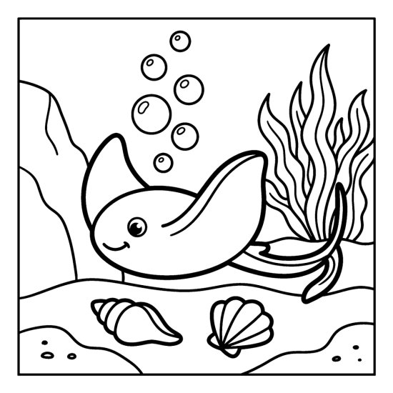 A stingray glides low over the sandy seabed past two shells, bold and easy