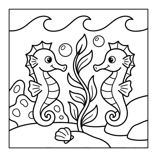 Two seahorses face each other beside a swaying strand of seaweed, coloring page