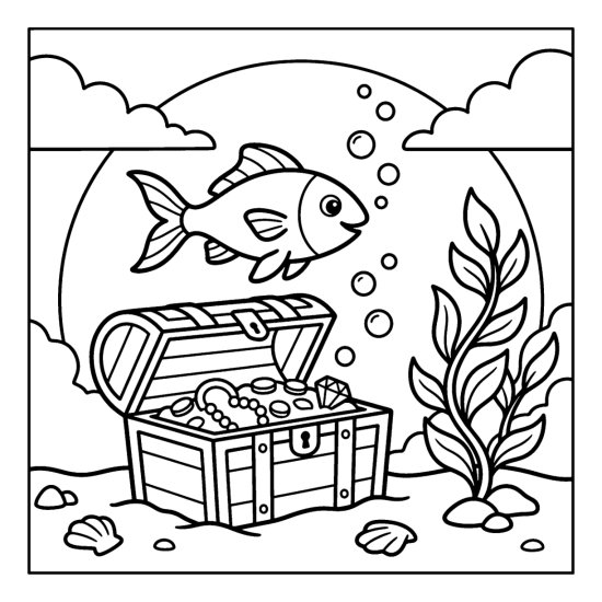 A fish swims above an open treasure chest on the seabed, coloring sheet