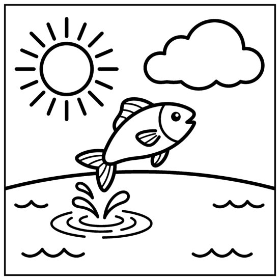 A fish leaps above the water surface with a splash and ripples, bold and easy