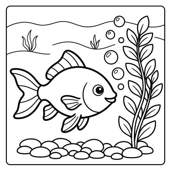A round goldfish swims over pebbles beside a tall water plant, coloring sheet