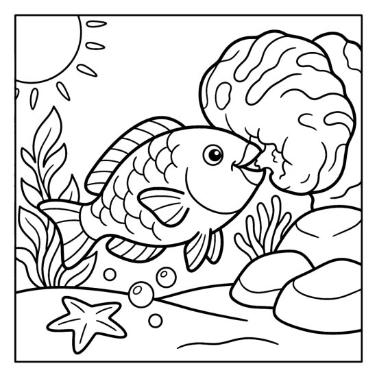 A parrotfish nibbles at a rounded coral head beside a starfish, coloring page
