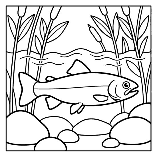 A trout swims in a clear stream over round rocks below reeds, coloring sheet