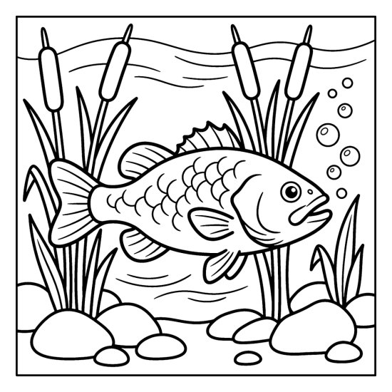 A bass swims among tall lake reeds above smooth pebbles, bold and easy